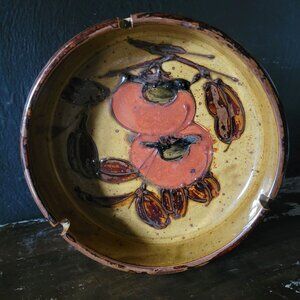 Large Vtg MCM Ashtray with Persimmon Design Brown and Tan Glaze Made in Japan